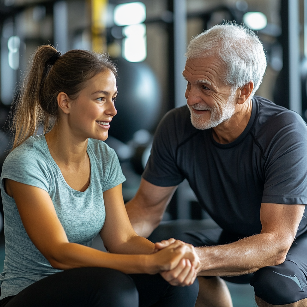 Тренер показує правильну техніку виконання вправи новачку в залі