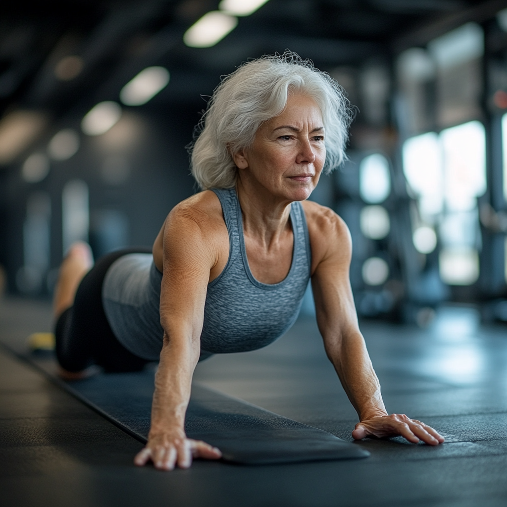 Спортивна дівчина виконує планку в сучасному фітнес-залі з професійним обладнанням